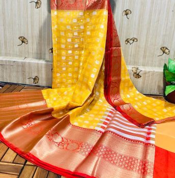 Burnt Yellow Semi Silk Copper Zari Saree From Banaras