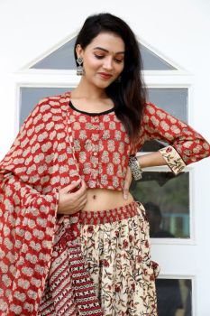 Red Cream Hand Block Printed Cotton Top Skirt With Dupatta
