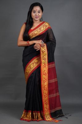 Black Pure Handloom Cotton Silk Saree From Bengal