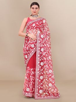 Red Flower Thread Work Soft Net Saree