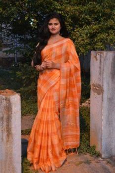 Orange Stripes Linen Saree With Silver Zari