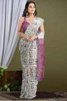 White Cotton Print Saree