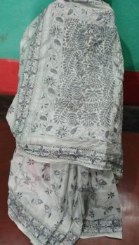White kantha Art Silk Flower Design Saree From Bengal