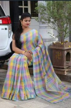Yellow Pink Light Green Stripes Linen Saree With Silver Zari