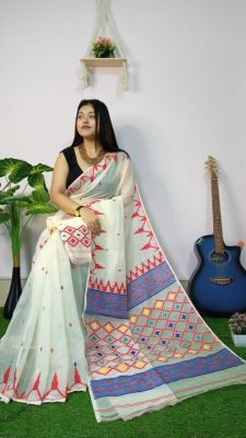 White Pure Handloom Dhakai Jamdani Saree From Bengal