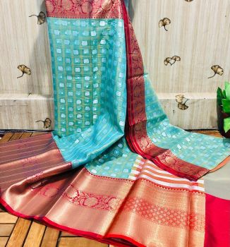 Light Blue Semi Silk Copper Zari Saree From Banaras