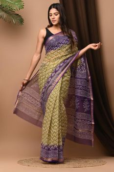 Olive Green Kota Doriya Printed Leaf Design Saree