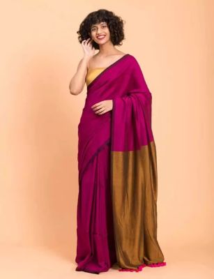 Wine Berry Pure Handloom Cotton Saree From Bengal