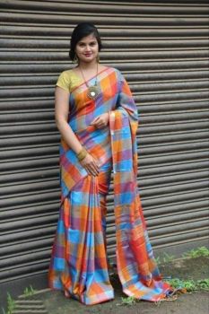 Multicolor Stripes Linen Saree With Silver Zari