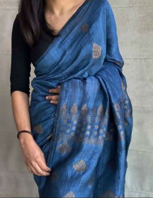 Navy Blue Pure Handloom Linen By Linen Saree From Bengal