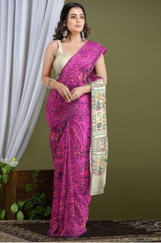 Pink Cotton Print Saree
