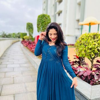 Peacock Blue Faux Georgette With ZigZag Mirror Work Gown