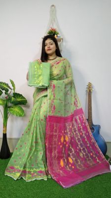 Pista Green Pure Handloom Dhakai Jamdani Saree From Bengal