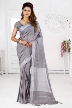 Grey Stripes Linen Saree With Silver Zari