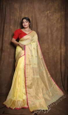 Peach Pure Handloom Banarasi Silk Saree From Bengal