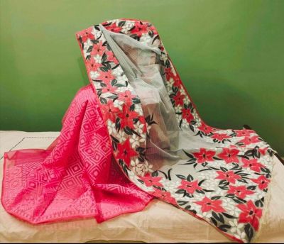 Pink Pure Handloom Resham Kota Jamdani Flower Design Saree