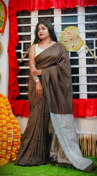 Coffee Pure Handloom Cotton Saree From Bengal