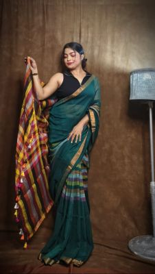 Teal Pure Handloom Linen By Linen Saree From Bengal