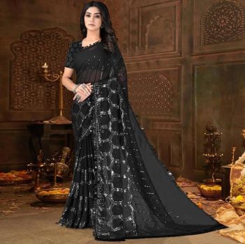 Black Embroidery Work Georgette Saree