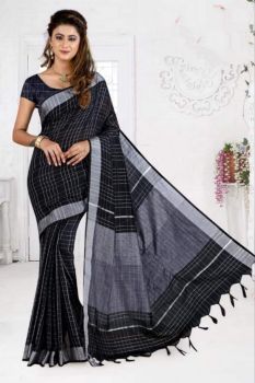 Black Stripes Linen Saree With Silver Zari
