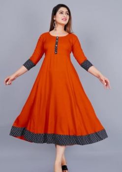 Orange Block Cotton Anarkali Kurti From Bengal