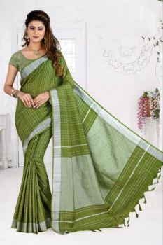 Moss Green Stripes Linen Saree With Silver Zari