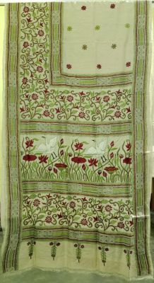 Olive Green Pure Handloom Kantha Silk Saree From Bengal
