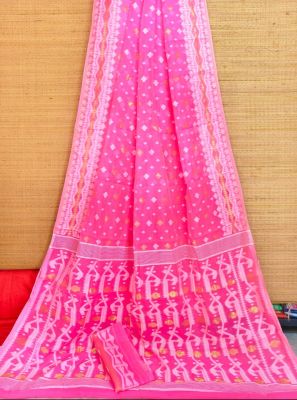 Pink Pure Handloom Dhakai Jamdani Saree From Bengal