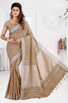Brown Stripes Linen Saree With Silver Zari