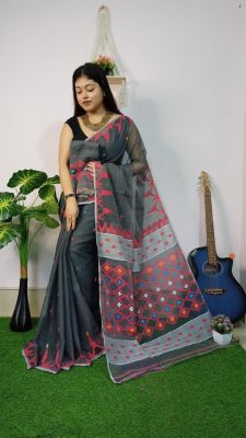 Gray Pure Handloom Dhakai Jamdan Saree From Bengal