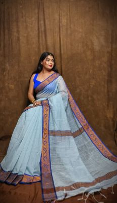 Slate Gray Pure Handloom Cotton Saree From Bengal