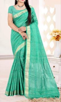 Teal Blue Stripes Linen Saree With Silver Zari