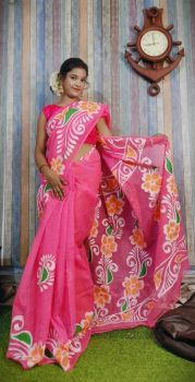 Pink Hand Printed Pure Handloom Resham Kota Saree