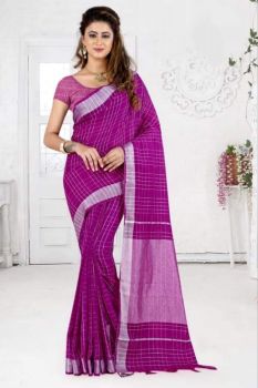 Purple Stripes Linen Saree With Silver Zari