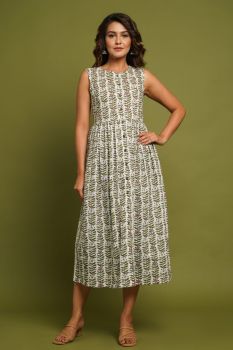 WHITE FLOWER PRINTED FLARED COTTON DRESS