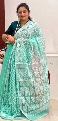 Aqua Blue Pure Handloom Dhakai Jamdani Saree From Bengal