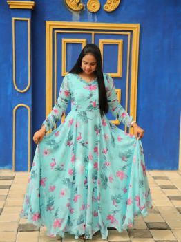 Blue Faux Georgette Flower Print Gown