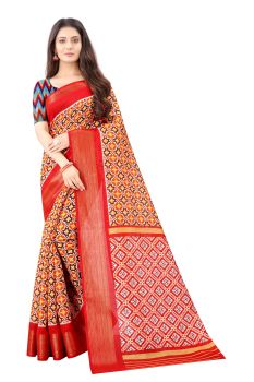 Mahastree Peach Ikkat Pattu Kalamkari Cotton Silk Saree