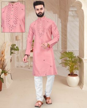 Men Sweet Pink Silk Kurta Mirror Work Original kurta