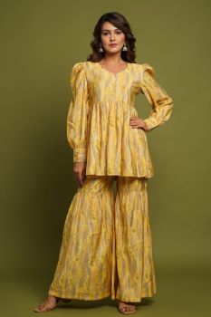 YELLOW MUSLIN KURTA WITH SHARARA