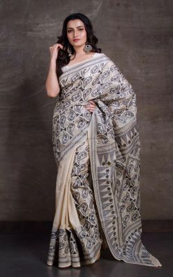 Cream Handloom Kantha Stitch Saree From Bengal