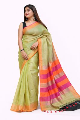 Mehandi Green Pure Handloom Tissue Silk Cotton Saree From Bengal