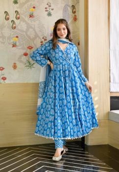 Blue Rayon Digital Printed Anarkali With Border Less Border Gown