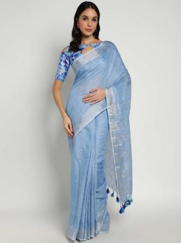 Blue Handcrafted Plain Linen Saree