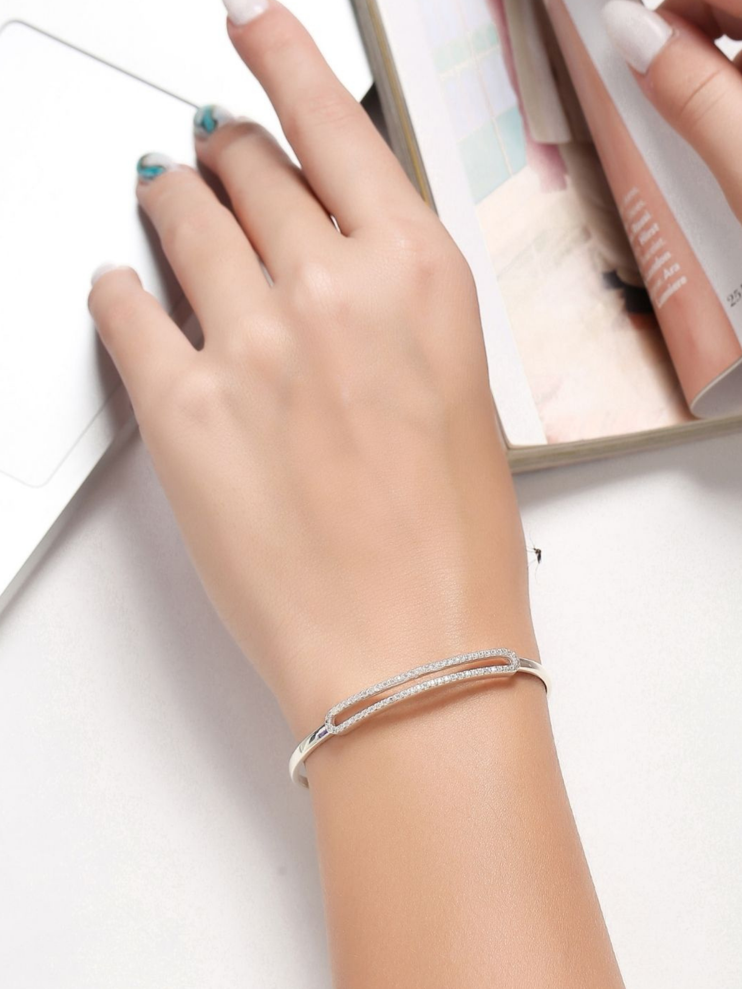 Geometrical Double Band CZ Cuff Rhodium Bracelet in 925 Sterling Silver