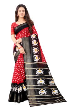 Mahastree Red & Black Ikkat Pattu Kalamkari Cotton Silk Saree