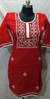 Red White Pure Handloom kurti From Bengal