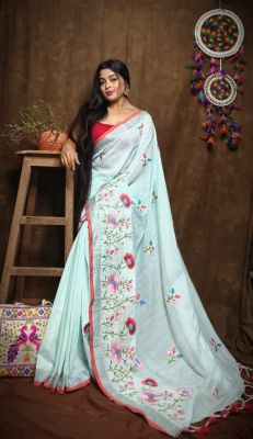 Sky Blue Pure Handloom Silk Cotton Saree From Bengal
