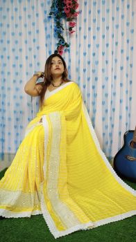 Yellow Stripes Design Pure Handloom Rayon Saree
