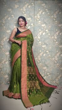Mehandi Green Pure Handloom Banarasi Cotton Saree From Bengal